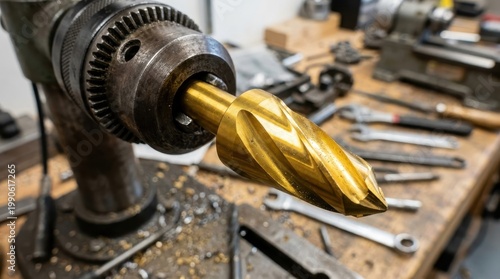 Metalworking tool drill bit countersink gold coating close up workshop machine steel cutting tool precision