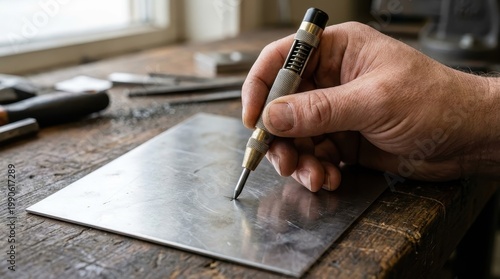 Hand metal sheet center punch tool marking steel surface, close up of hand using spring loaded center punch on metal sheet for precise mark making in workshop