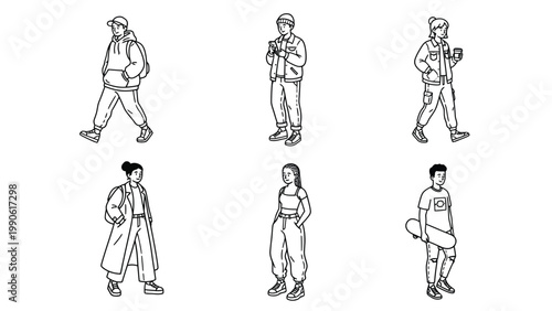 Modern Line Art Illustrations: Diverse Young People in Streetwear Fashion. Urban Youth Casual Style Set.