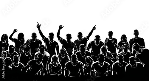 Crowd of people cheering with raised hands in silhouette.