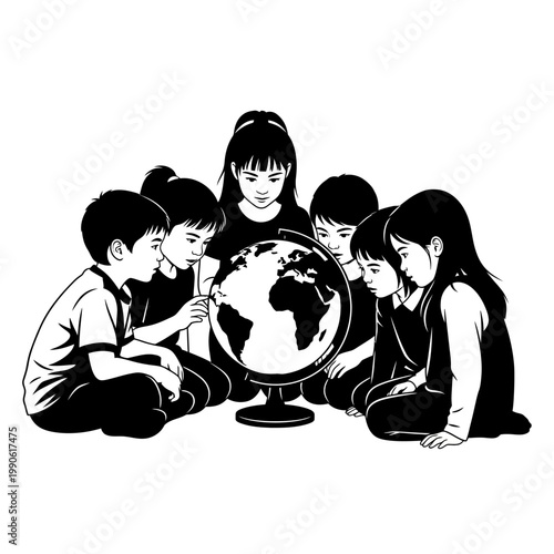 Children looking at a globe together.