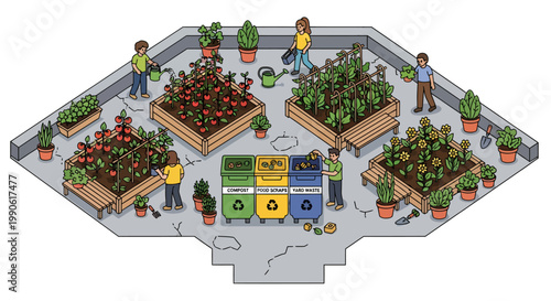 Roof garden with people tending to plants and flowers