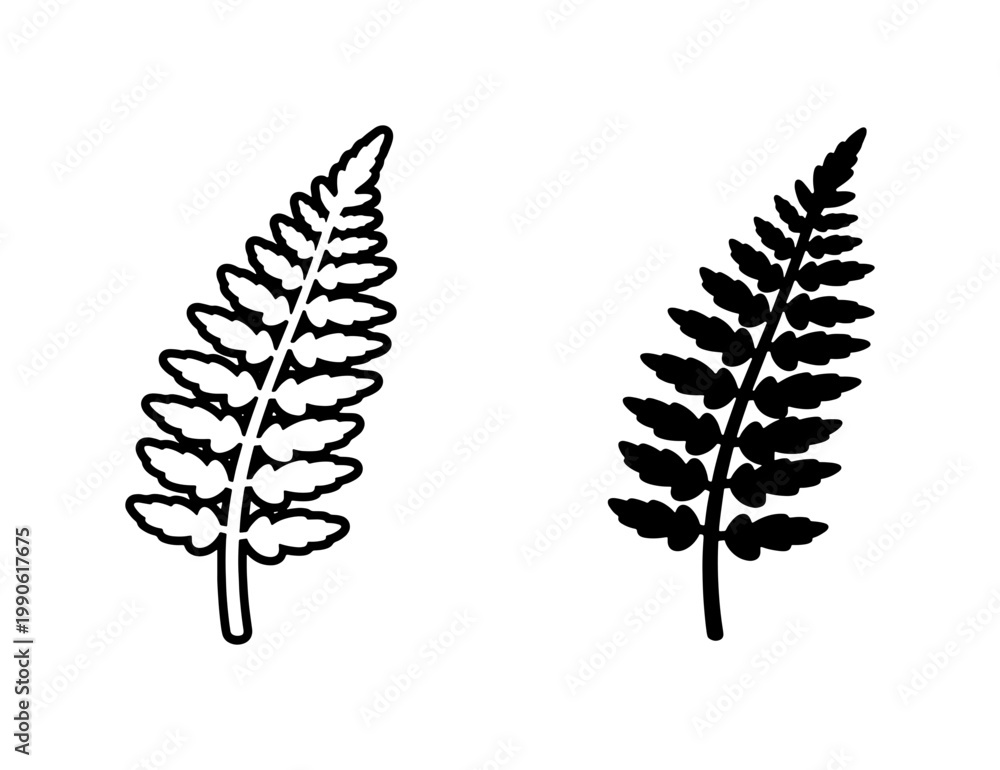 Fototapeta premium Black Fern Leaf Outline and Silhouette Vector Icons
