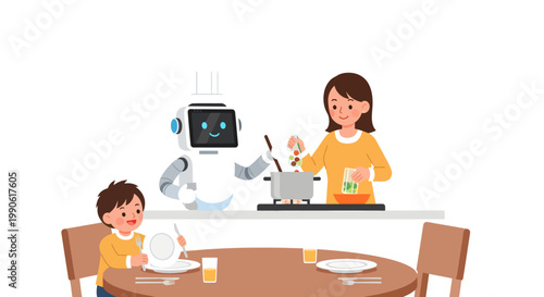 Mother and child in kitchen with robot cooking assistant at home