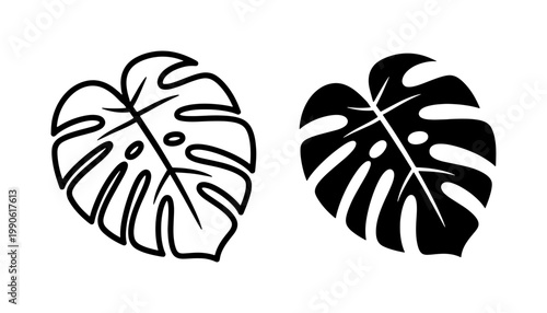 Monstera Deliciosa Leaf Black Outline and Silhouette Vector