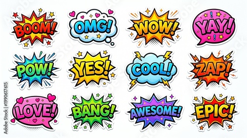 A collection of vibrant comic book style speech bubbles and sound effects, featuring words like 