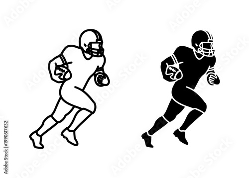 American Football Player Running Silhouette and Line Art Icon