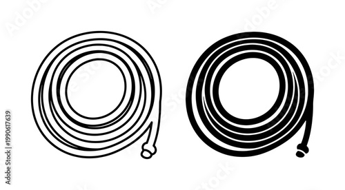 Garden hose coil icon set in outline and solid style
