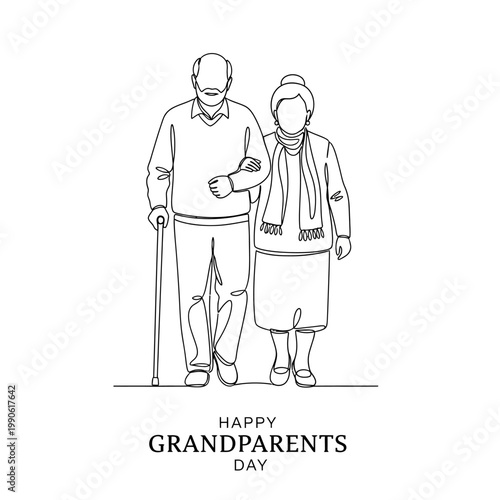 Elderly couple walking together outside.