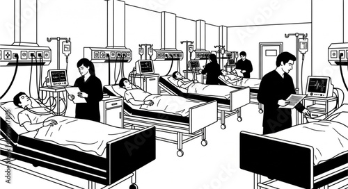 Intensive Care Unit Hospital Ward with Patients and Medical Equipment.