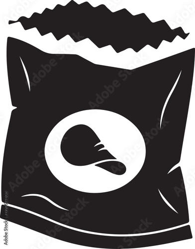 Black and white icon of a crinkled snack bag with a potato chip graphic representing crispy snacks or fast food potato chips convenience food junk packaging illustration minimalist