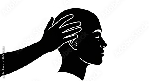 Silhouette of a hand touching a bald head in profile.