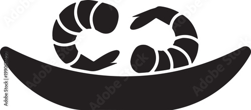 Black and white icon of two cooked shrimps or prawns served on a simple plate or bowl representing seafood appetizer ingredient restaurant delicious illustration minimalist silhouette