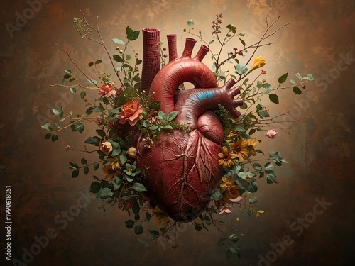 A detailed image of a human heart with floral elements symbolizing life, nature, and well-being. The heart is adorned with flowers, plants and branches