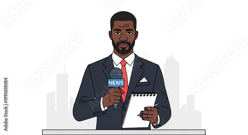 Male News Reporter Holding Microphone and Notes.