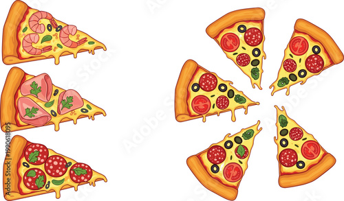 Set of Delicious Pizza Slices with Different Toppings Including Pepperoni, Olives, and Vegetables in Vibrant Colors