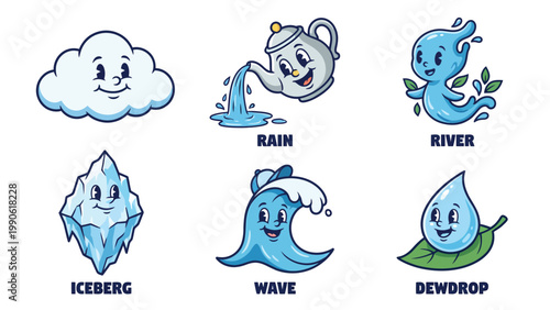 Smiling Cartoon Water Forms Collection: Cloud, Rain, River, Iceberg, Wave, Dewdrop Illustrations