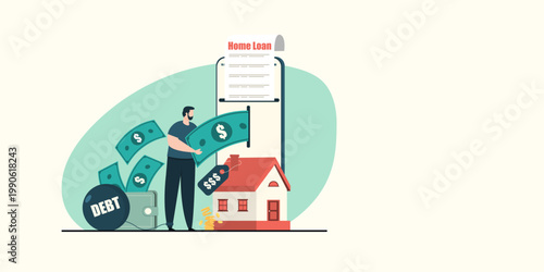 A man inserting money into a digital home loan application. The scene includes a small house, a wallet, and a heavy debt ball, representing mortgage payments and financial management.