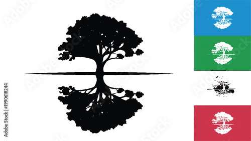 Tree of life Silhouette: A stylized depiction of a majestic tree, its silhouette mirrored below a horizontal line, symbolizing balance, growth and the interconnectedness of all things.