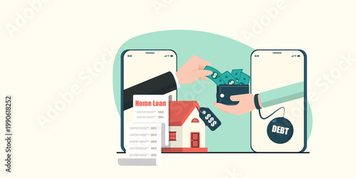 Flat design of a digital home loan process. Two smartphones showing hands exchanging money for a house, accompanied by a loan statement and a heavy debt weight, representing financial obligation.