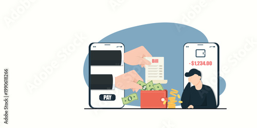 A stressed man sits behind a smartphone screen showing a negative balance, while hands reach out from another phone to take money and present bills, symbolizing digital debt and financial pressure.