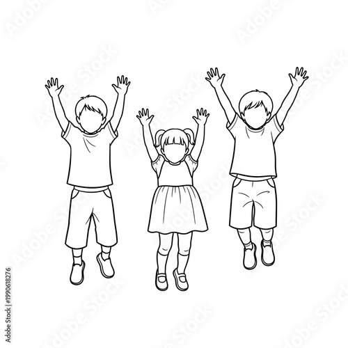 Three children jumping up happily together.