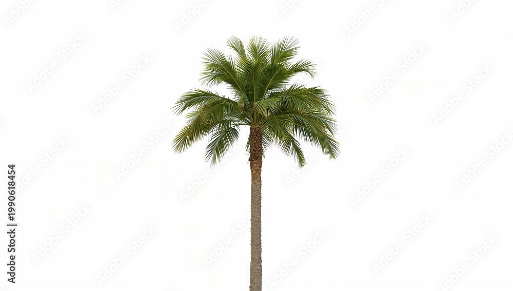 Fototapeta premium A singular palm tree standing tall and isolated, displaying its lush green leaves. The trunk is a sturdy brown and the tree is in full sunlight