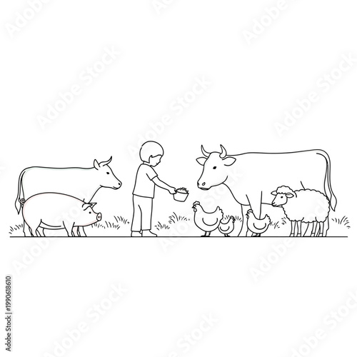 Boy Feeding Cow and Chicken Farm.
