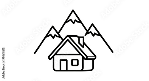 A simple outline of a house with a chimney set against three jagged mountains