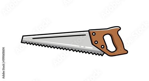 A simple cartoon illustration of a hand saw with a wooden handle and sharp, jagged teeth