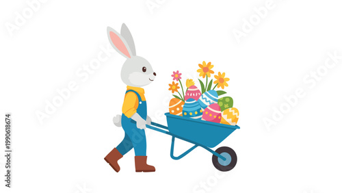 Easter Bunny Pushing Wheelbarrow Full of Decorated Eggs and Flowers for Spring Celebration