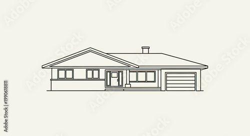 Minimalist line art drawing of a one-story house with a garage and chimney