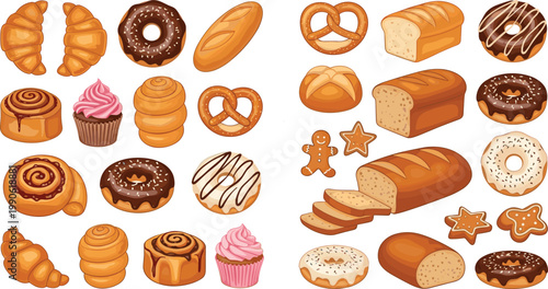 Set of Tasty Baked Goods and Sweets Including Croissants, Donuts, Cupcakes, Breads, and Gingerbread Cookies in Various Flavors