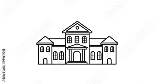 Minimalist line art depiction of a grand, classical building with symmetrical wings