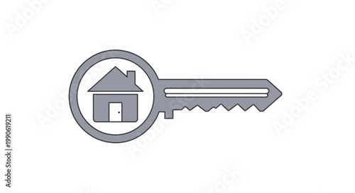 A stylized silver key with a house inside a circle on its handle