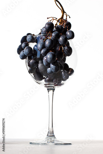 Winemaking. From grapes to wine. Bunch of red grapes in a glass. Creative serving of grapes