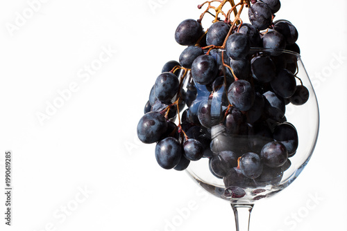 Grapes in a glass. A glass filled with grapes. Winemaking. From grapes to wine. Horizontal photo with space for text. White background