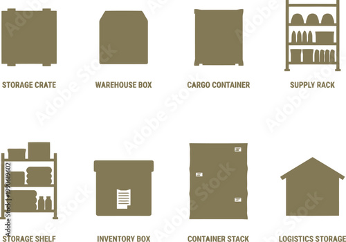 Military supply storage and logistics icon set with storage crate, warehouse box, cargo container, supply rack, storage shelf, inventory box, container stack, and logistics storage
