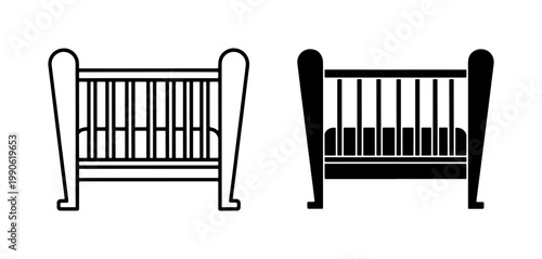 Baby crib icon set with outline and solid black style