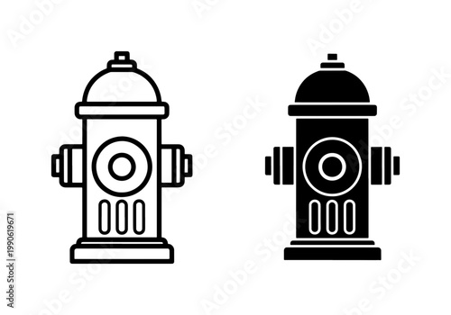 Fire hydrant icon set in outline and solid black style