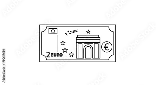 Stylized illustration of a two euro banknote featuring a gate, stars, and euro symbol