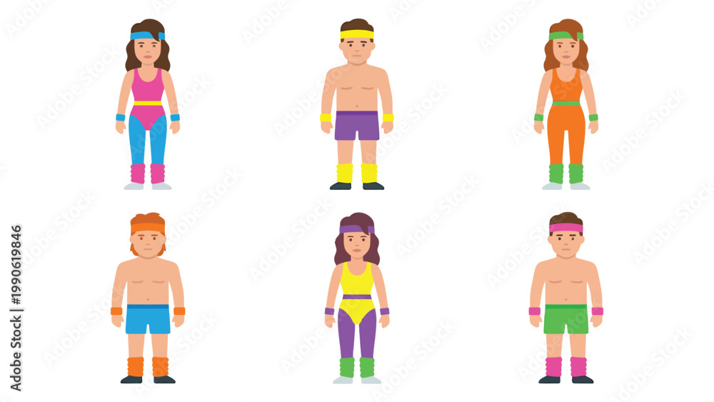 Fototapeta premium Retro 80s Aerobics Fitness Characters Vector Illustration Set. Diverse people in vibrant vintage sportswear, headbands, and leg warmers.