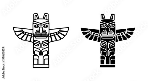 Indigenous Totem Pole Vector Icons with Thunderbird Wings