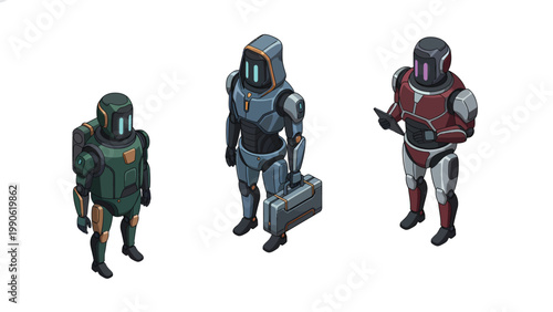 Isometric illustration of three futuristic robots in various roles, depicting AI, automation, and advanced technology.