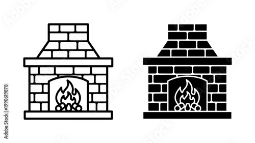 Brick Fireplace Icon Set with Burning Logs and Flame