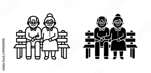 Elderly Couple Sitting on Park Bench Icon Set