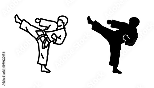 Karate fighter silhouette and outline performing high kick