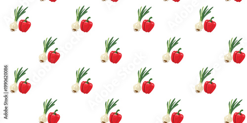 fresh vegetable seamless pattern with onion and red bell pepper minimal white backdrop