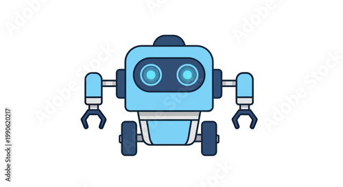 Flat, cartoon-style robot with blue body, two wheels, and pincers