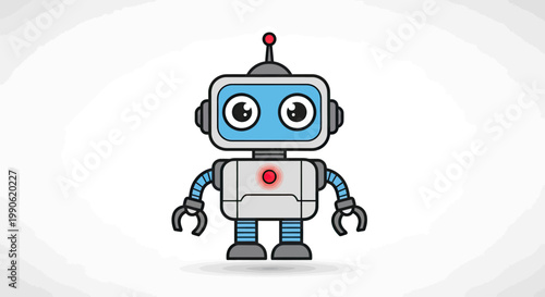A cute, cartoon-style robot with big eyes, segmented limbs, and a red-glowing center